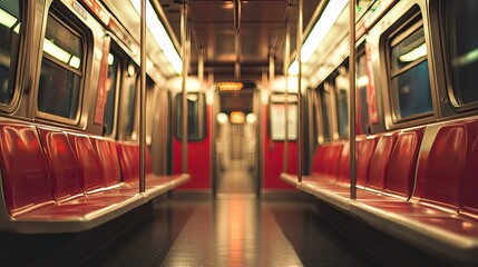 Fototapeta premium Empty subway car with clean seats and dim lighting, moving through a quiet tunnel