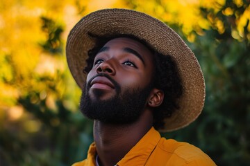 Man Wearing Straw Hat in Nature