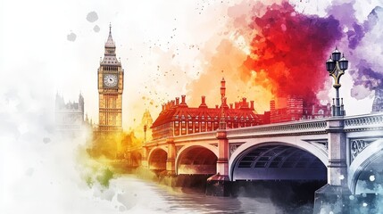 Watercolor London Big Ben, Bridge, and Cityscape - A Romantic Watercolor Painting of London's Iconic Landmarks, Featuring Big Ben, a Bridge, and the City Skyline, Bathed in Vibrant Colors and Romantic