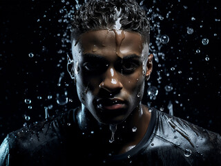 Water droplets encircling a football player underwater on a dark background