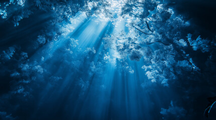 Sunlight filtering through underwater coral in a serene blue ocean setting
