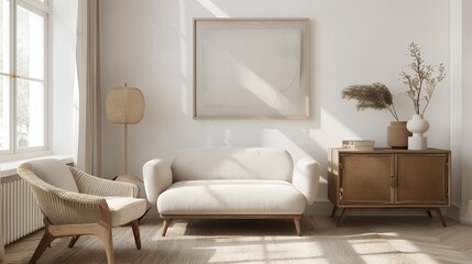 Elegant Beige Sofa and Armchair Setup with Sunlit Window View Perfect Living Room Decor