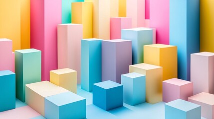 Obraz premium Pastel-colored geometric buildings in an abstract cityscape creating a serene minimal urban scene Stock Photo with copy space