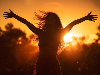 Silhouette of a woman dancing joyfully, arms raised to the golden sun