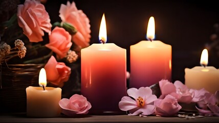 Burning in dark candles with beautiful flowers.