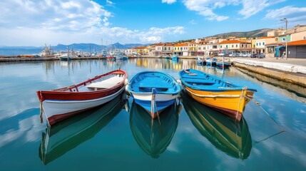 Fototapeta premium Picturesque harbor with colorful fishing boats, still waters, and an empty pier