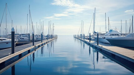 Obraz premium Quiet marina with docked sailboats and yachts, empty walkways, and calm waters