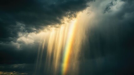 Rainbow appearing after a rainstorm, with dark clouds clearing and sunlight breaking through