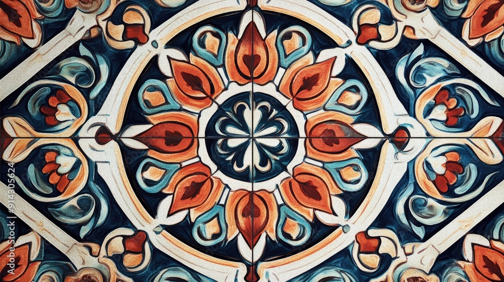 Poster seamless tile pattern featuring symmetrical designs in bold colors and intricate details