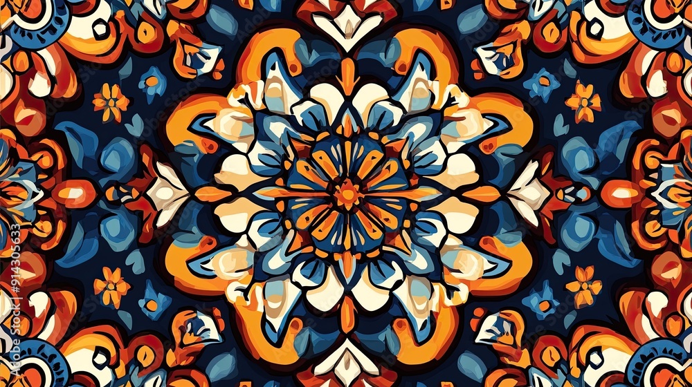 Poster seamless tile pattern featuring symmetrical designs in bold colors and intricate details