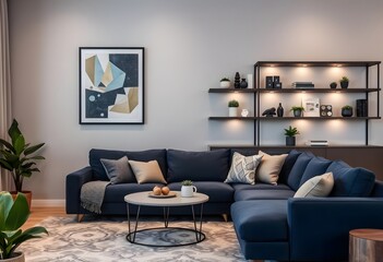 Interior of a modern living room with sectional sofa, wooden coffee table, and shelves displaying decorative items and plants against a wall