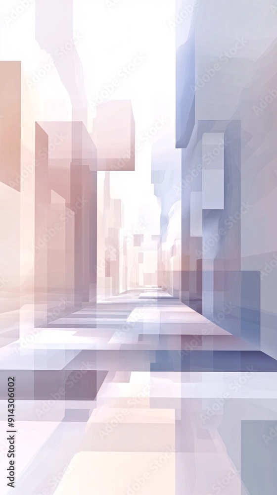 Poster abstract urban scene featuring geometric buildings with a clean minimal design in pastel tones stock