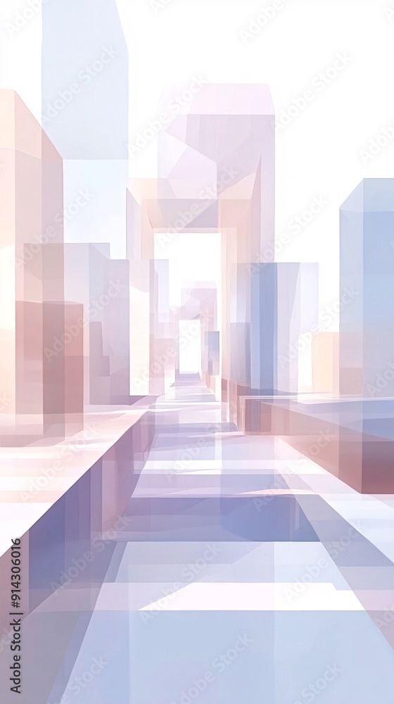 Poster abstract urban scene featuring geometric buildings with a clean minimal design in pastel tones stock