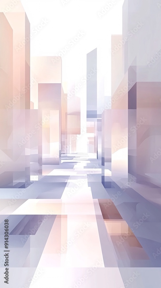Poster abstract urban scene featuring geometric buildings with a clean minimal design in pastel tones stock