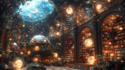 Naklejka premium A magical library with floating books and glowing orbs, high quality
