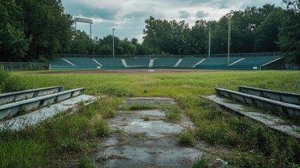 Obraz premium Abandoned baseball stadium with overgrown grass on the field and empty bleachers