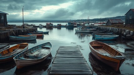 Abandoned fishing port with boats tied up, empty docks, and a peaceful ambiance