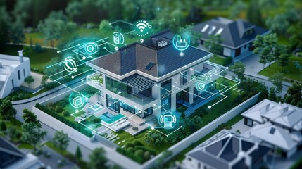 Obraz premium Rendering of smart home technology on smartphone with hologram house model floating over, digital data and graphs icon background, blue neon light effect, high resolution