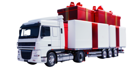 Truck delivering present Christmas on transparent background