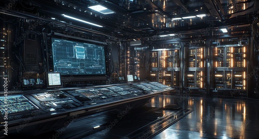 Poster futuristic server room with control panel and data displays