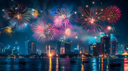 Fototapeta premium A city skyline is lit up with fireworks, creating a festive
