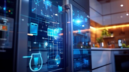 A futuristic kitchen with a refrigerator that has a screen on it. The refrigerator is connected to a computer and has a display technology concept. The kitchen is very modern