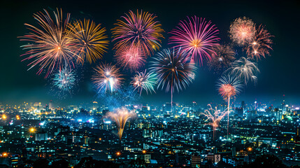 A fireworks display lights up the night sky over a city