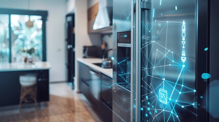 A futuristic kitchen with a refrigerator that has a screen on it. The refrigerator is connected to a computer and has a display technology concept. The kitchen is very modern