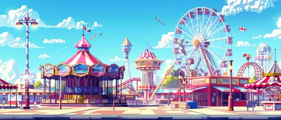 A vibrant fairground scene with a Ferris wheel, carousels, and colorful buildings under a sunny sky. Cheerful and lively atmosphere with flying flags.