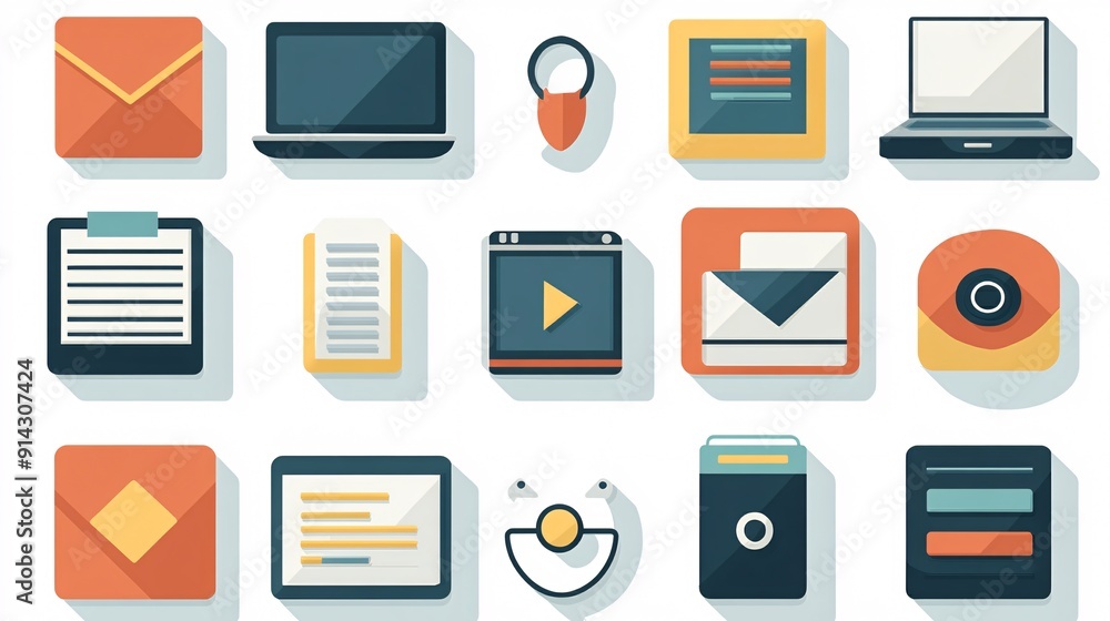 Poster Minimal symbols and icons in flat design with clean lines and high detail rendered in pastel colors Stock Photo with copy space