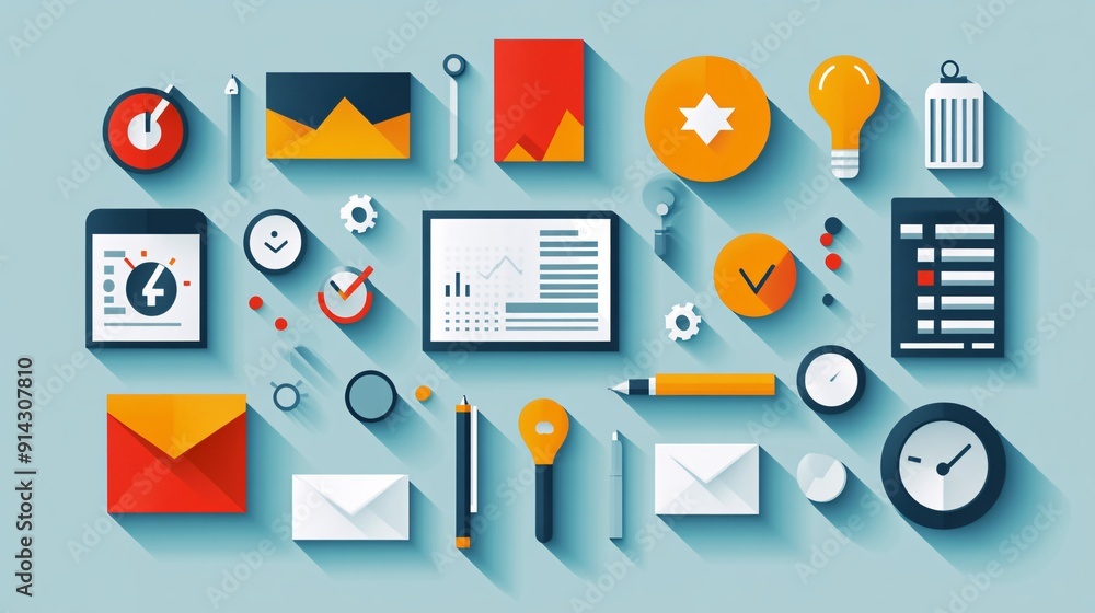 Aufkleber flat design icons and symbols featuring clean lines and high detail in soft pastel tones stock photo