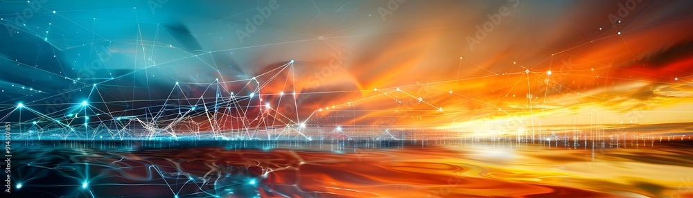 Poster abstract technology background with network connections and digital cityscape.