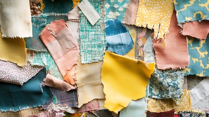 A Multicolored Collage of Tattered Fabric Samples