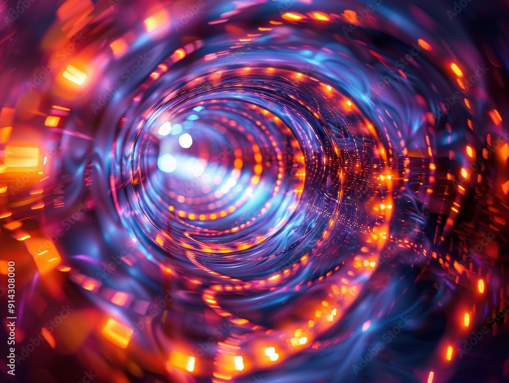 Poster a vibrant tunnel of swirling colors and lights, creating a mesmerizing and futuristic effect. perfec