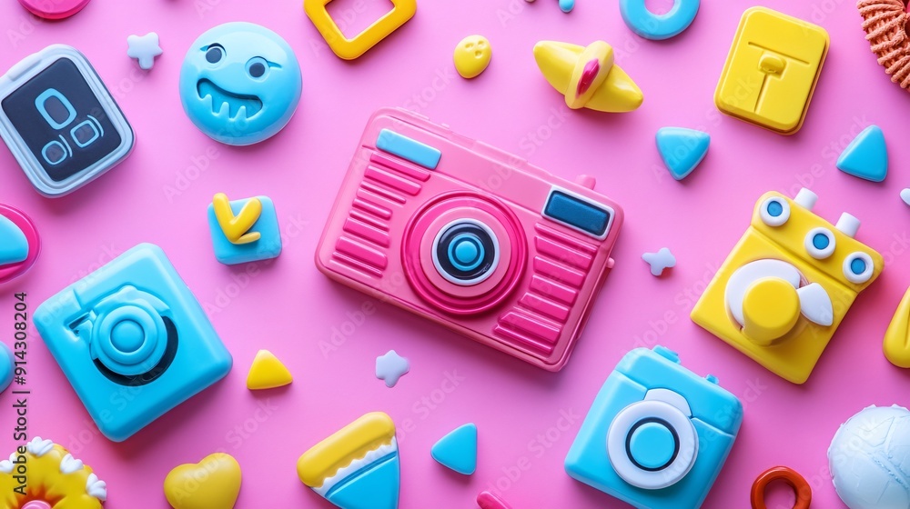Poster Pastel-colored minimal symbols and icons with high detail and clean flat design lines Stock Photo with copy space