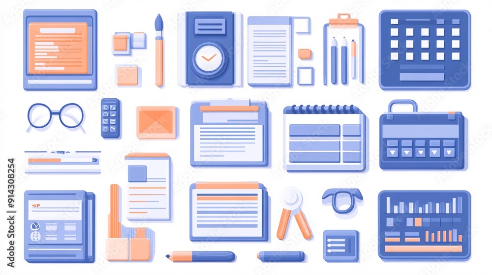 Poster Clean-lined flat design icons and symbols in pastel tones with high detail minimalistic style Stock Photo with copy space