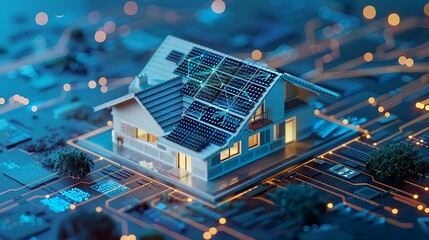 Obraz premium Solar panel system on the roof of a futuristic smart home. Renewable energy concept.
