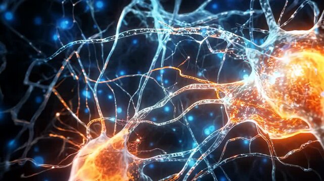 Close-up of neural connections with glowing synapses, abstract visualization. Neuroscience and brain function concept