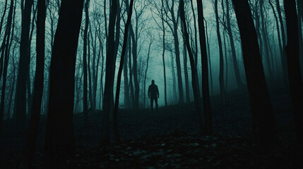 A spooky, eerie forest with a silhouetted man in the distance, creating a mysterious and unsettling atmosphere, perfect for Halloween or horror themes.