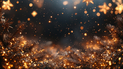 Obraz premium Abstract background with golden bokeh and glitters, decorative art with glow and sequins falling