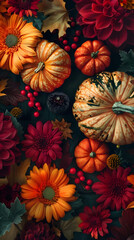 Fototapeta premium A colorful bouquet of flowers and pumpkins arranged together