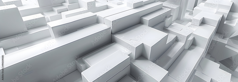 Poster white, tech background with a geometric 3d structure. clean, stepped design with extruded futuristic