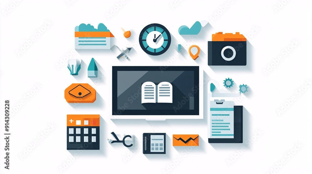 Poster Pastel-colored flat design symbols and icons featuring high detail and clean minimal lines Stock Photo with copy space