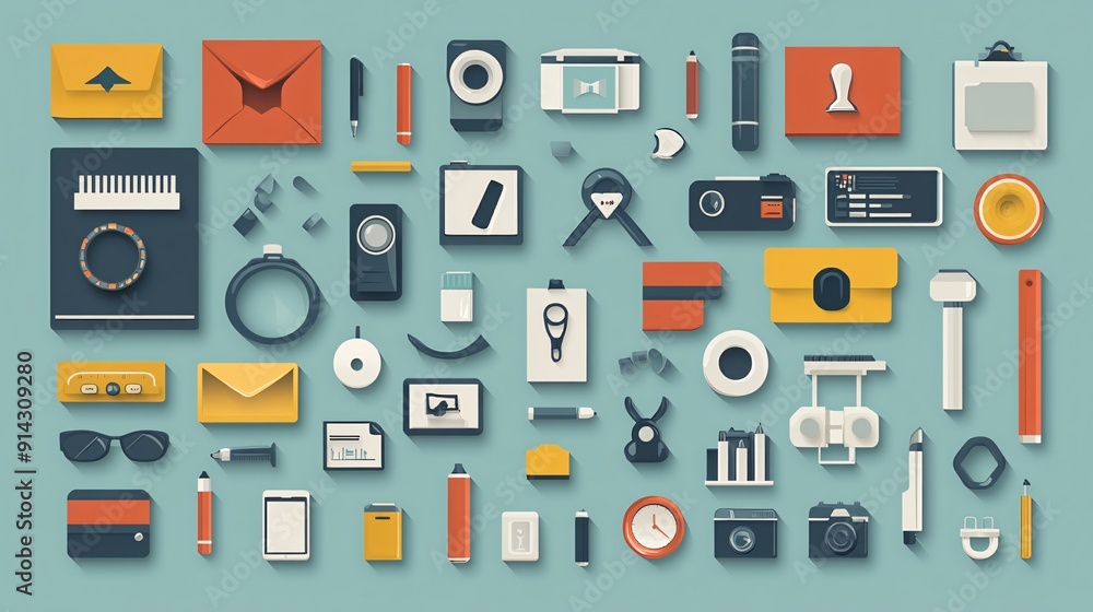 Poster pastel-colored flat design symbols and icons featuring high detail and clean minimal lines stock pho