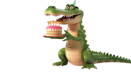 Cartoon birthday crocodile on transparent background