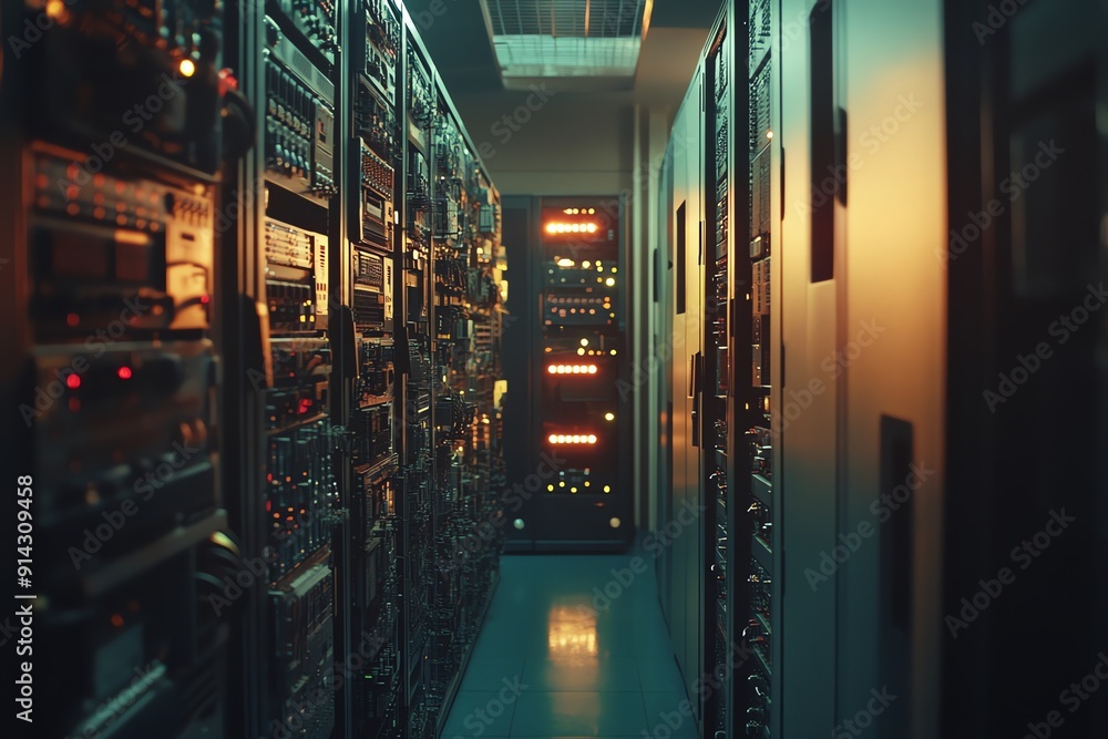 Poster rows of server racks in a data center