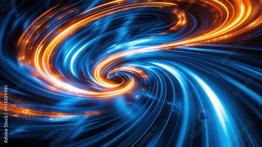 Poster an abstract swirl of blue and orange light, creating a dynamic and vibrant energy flow that captivat