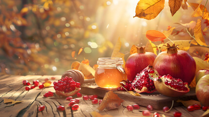 A jar of honey sits on a wooden table next to a bowl of pomegranates and apples