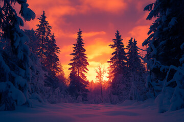 beautiful snowy winter forest and colorful sunset