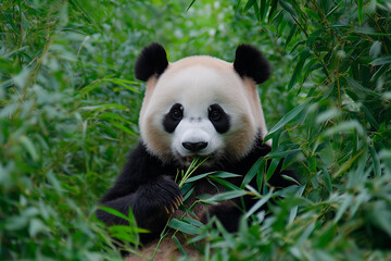 Naklejka premium cute black and white panda on green leaves background